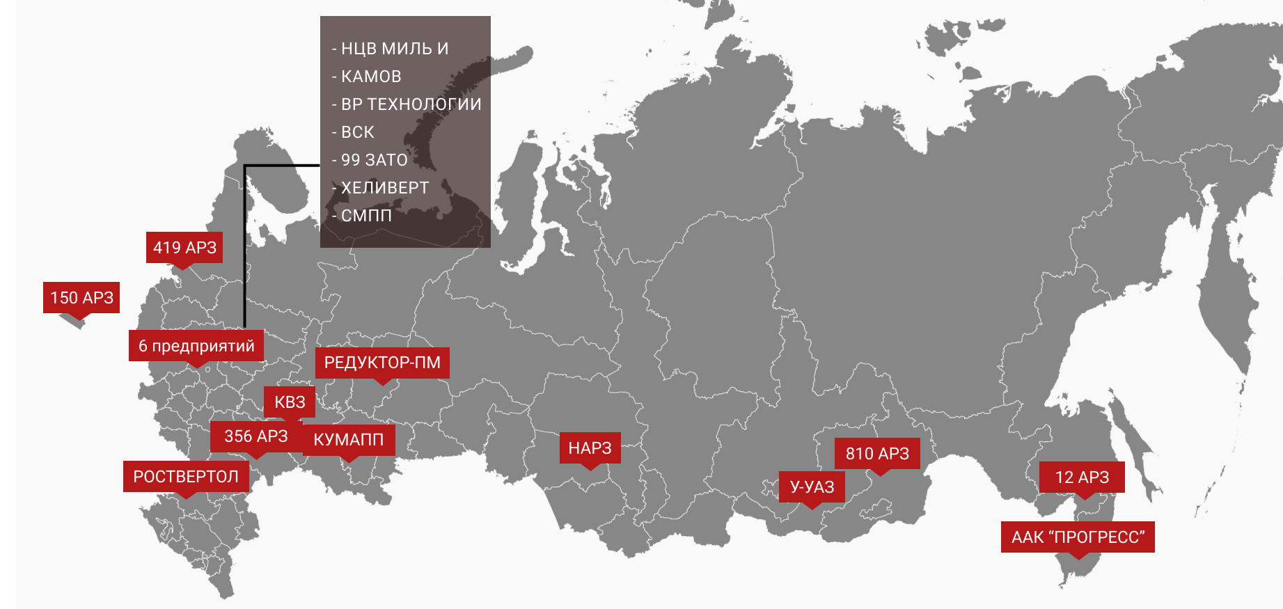 География присутствия холдинга Вертолеты России на карте